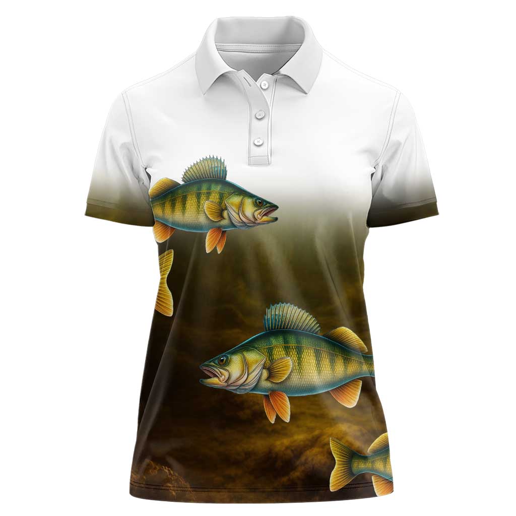 Walleye Fishing Yellow Scales Customize Name Women Polo Shirt Dark Gradient Water Background - Wonder Print Shop