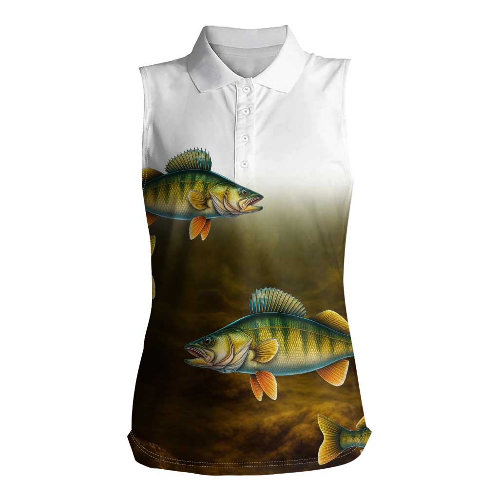 Walleye Fishing Yellow Scales Customize Name Women Sleeveless Polo Shirt Dark Gradient Water Background - Wonder Print Shop