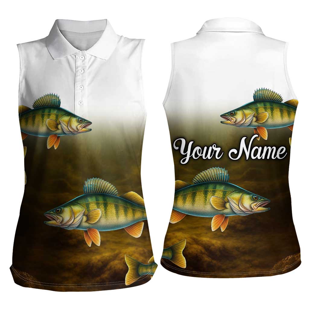 Walleye Fishing Yellow Scales Customize Name Women Sleeveless Polo Shirt Dark Gradient Water Background - Wonder Print Shop