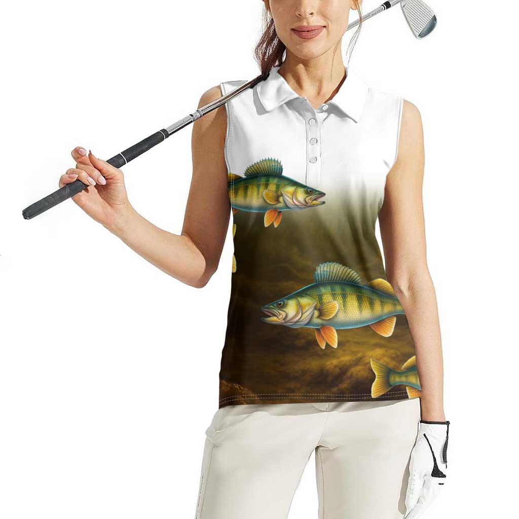 Walleye Fishing Yellow Scales Customize Name Women Sleeveless Polo Shirt Dark Gradient Water Background - Wonder Print Shop