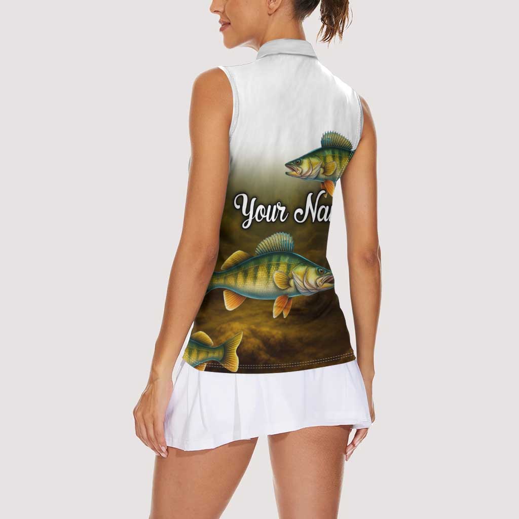 Walleye Fishing Yellow Scales Customize Name Women Sleeveless Polo Shirt Dark Gradient Water Background - Wonder Print Shop