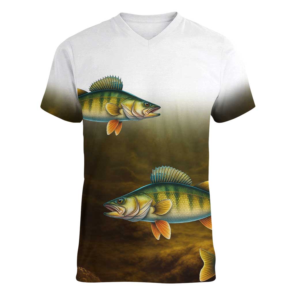 Walleye Fishing Yellow Scales Customize Name Women V-Neck T-Shirt Dark Gradient Water Background - Wonder Print Shop