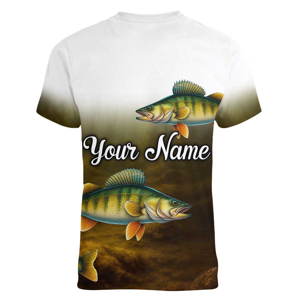Walleye Fishing Yellow Scales Customize Name Women V-Neck T-Shirt Dark Gradient Water Background - Wonder Print Shop