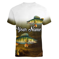 Walleye Fishing Yellow Scales Customize Name Women V-Neck T-Shirt Dark Gradient Water Background - Wonder Print Shop