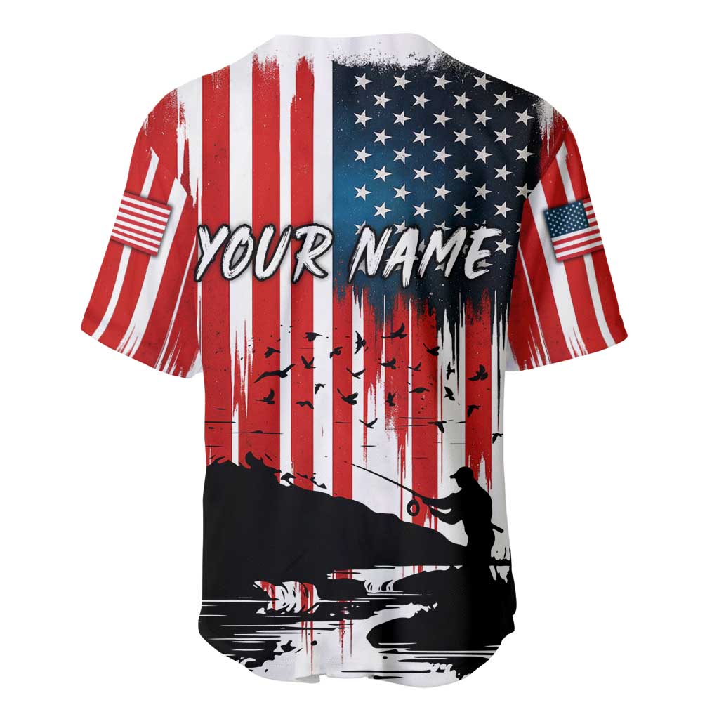 Custom Flag American Fishing Baseball Jersey Fish Silhouette in Grunge Patriotic - Wonder Print Shop