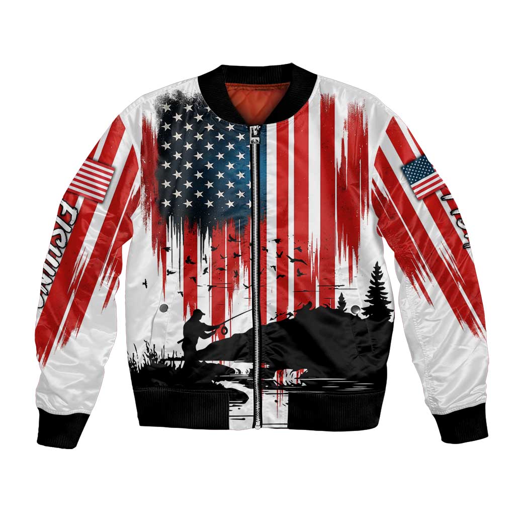 Custom Flag American Fishing Bomber Jacket Fish Silhouette in Grunge Patriotic - Wonder Print Shop