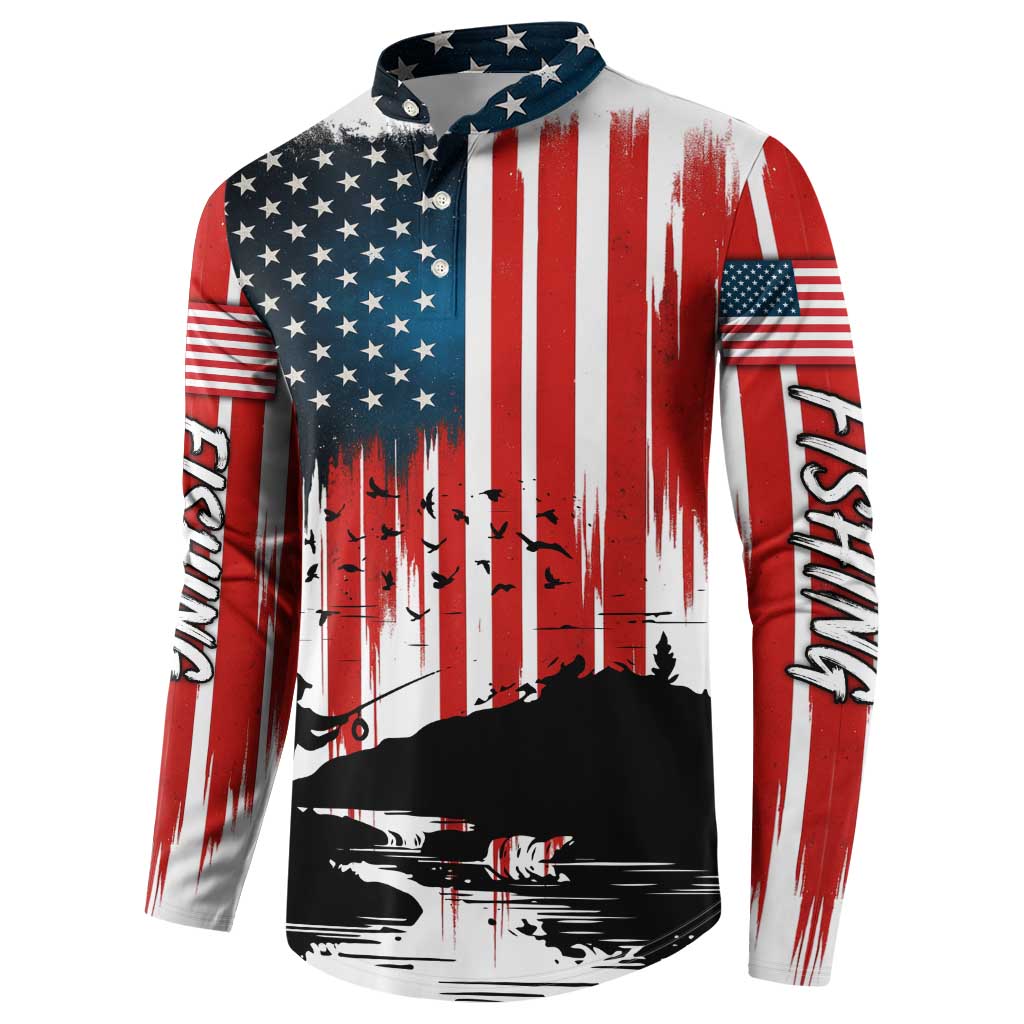 Custom Flag American Fishing Button Sweatshirt Fish Silhouette in Grunge Patriotic - Wonder Print Shop