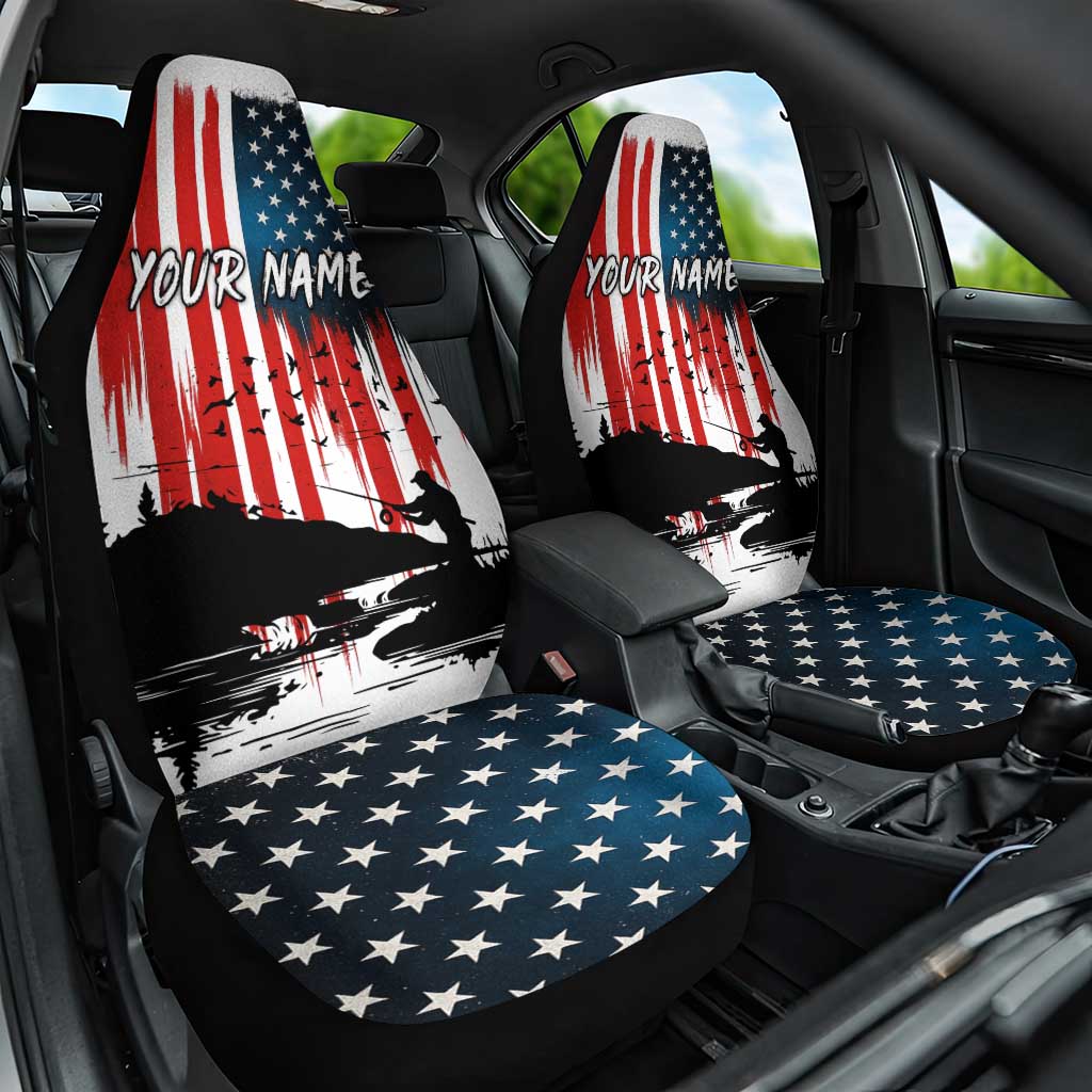 Custom Flag American Fishing Car Seat Cover Fish Silhouette in Grunge Patriotic - Wonder Print Shop