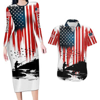 Custom Flag American Fishing Couples Matching Long Sleeve Bodycon Dress and Hawaiian Shirt Fish Silhouette in Grunge Patriotic - Wonder Print Shop