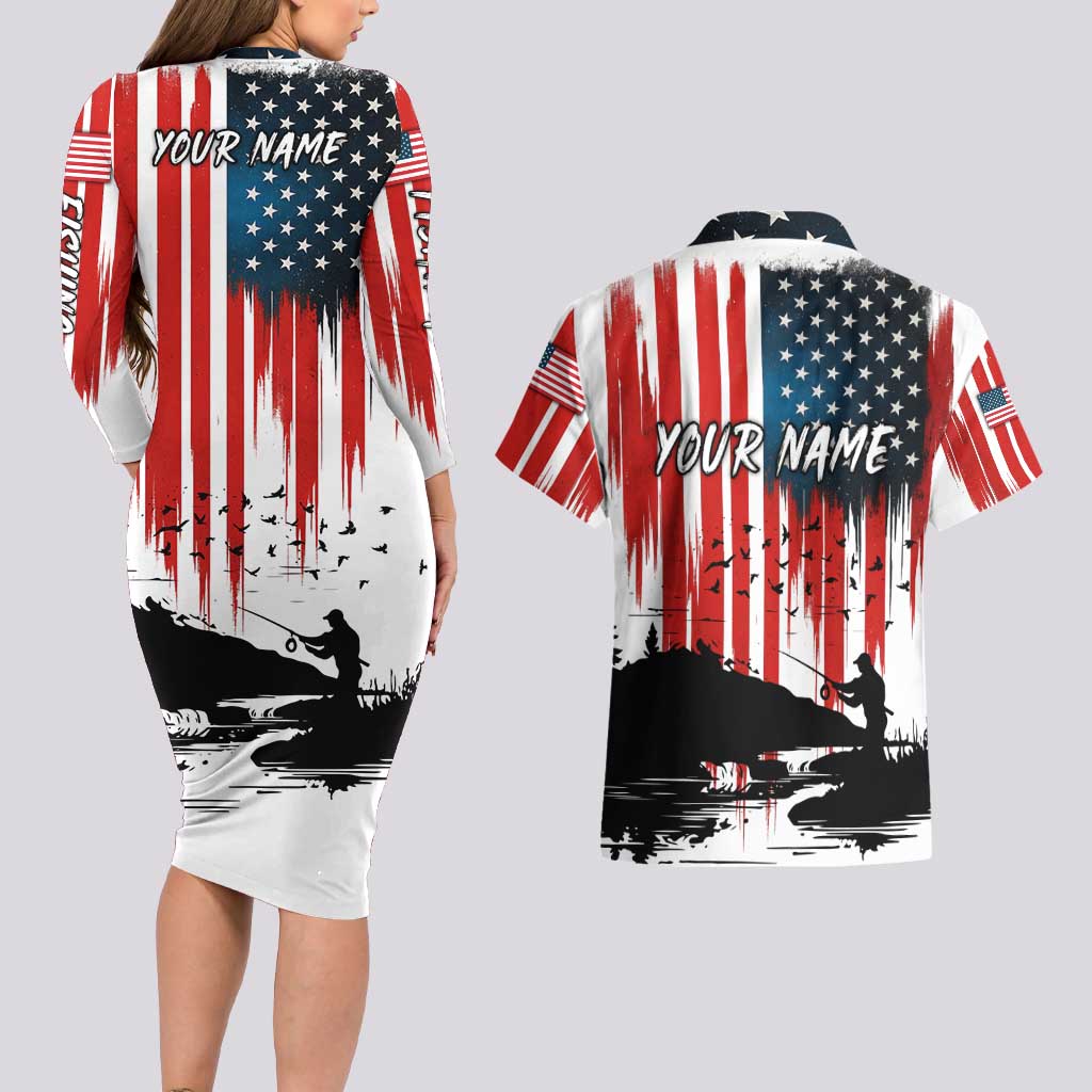Custom Flag American Fishing Couples Matching Long Sleeve Bodycon Dress and Hawaiian Shirt Fish Silhouette in Grunge Patriotic - Wonder Print Shop