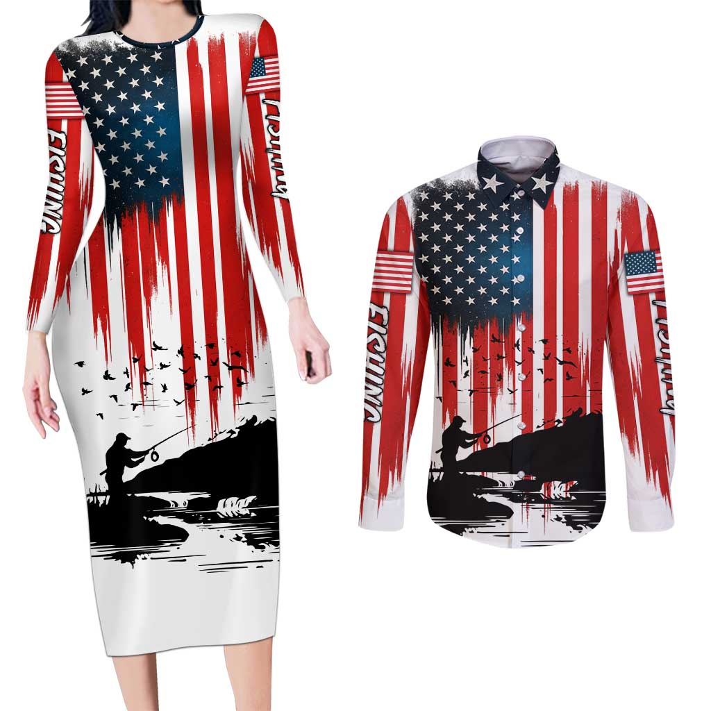 Custom Flag American Fishing Couples Matching Long Sleeve Bodycon Dress and Long Sleeve Button Shirt Fish Silhouette in Grunge Patriotic - Wonder Print Shop
