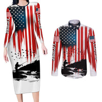 Custom Flag American Fishing Couples Matching Long Sleeve Bodycon Dress and Long Sleeve Button Shirt Fish Silhouette in Grunge Patriotic - Wonder Print Shop