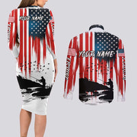 Custom Flag American Fishing Couples Matching Long Sleeve Bodycon Dress and Long Sleeve Button Shirt Fish Silhouette in Grunge Patriotic - Wonder Print Shop