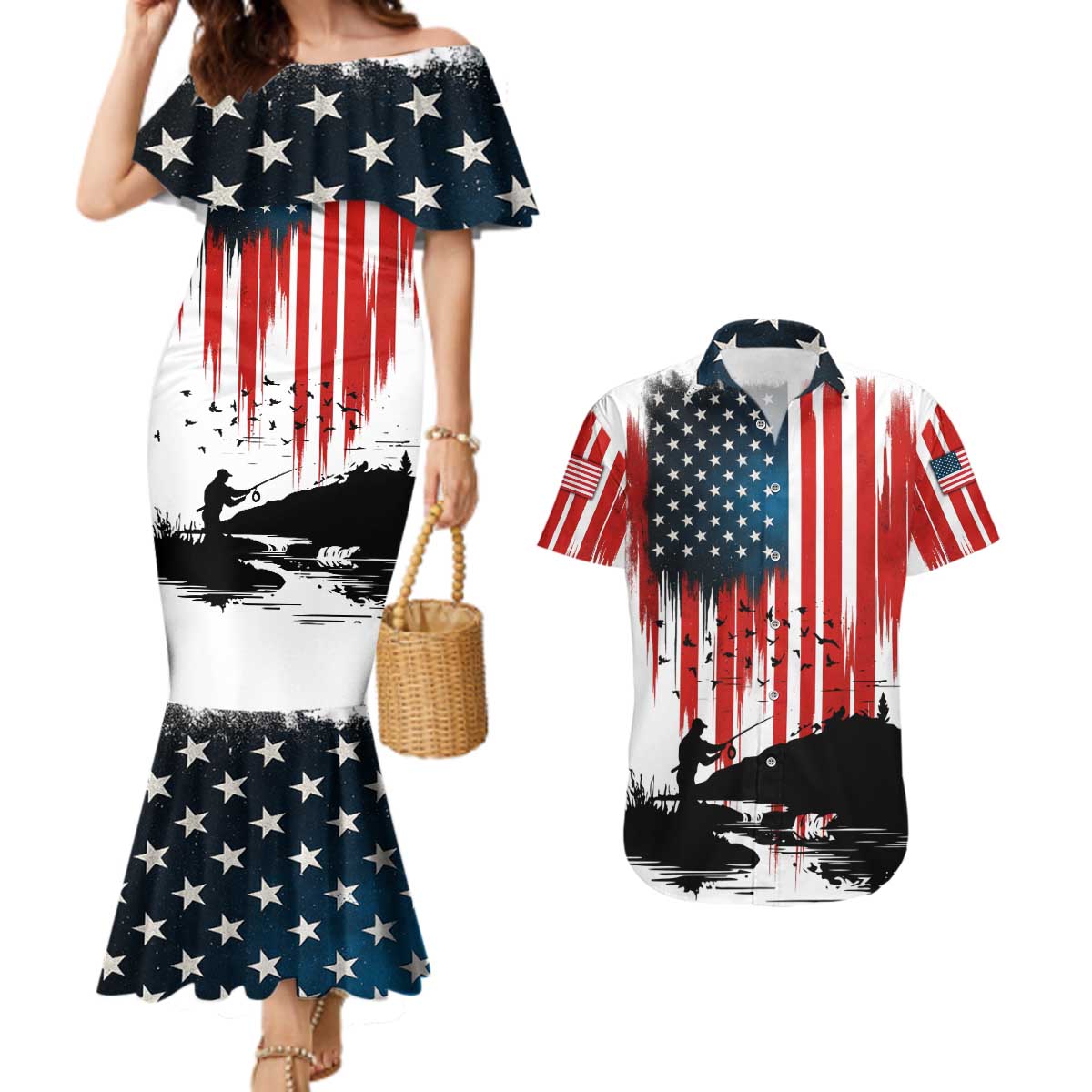 Custom Flag American Fishing Couples Matching Mermaid Dress and Hawaiian Shirt Fish Silhouette in Grunge Patriotic - Wonder Print Shop