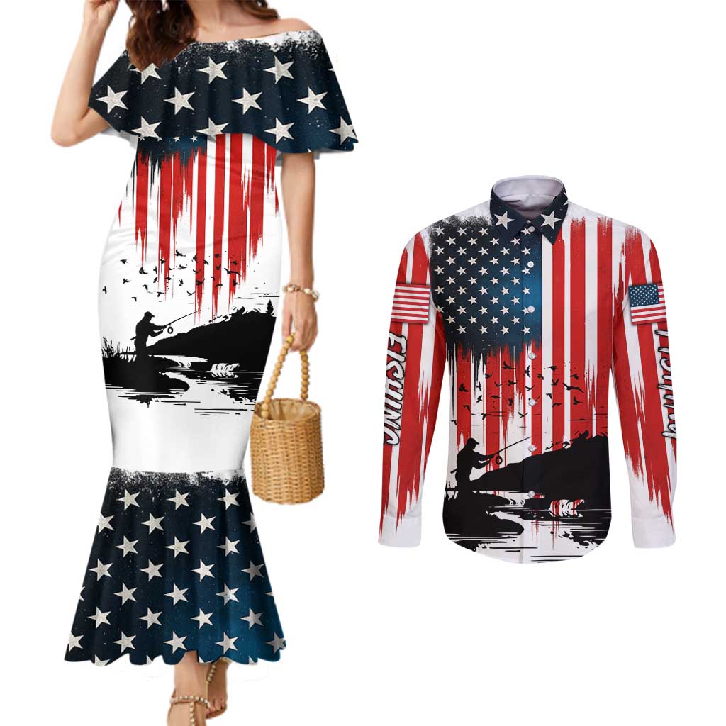 Custom Flag American Fishing Couples Matching Mermaid Dress and Long Sleeve Button Shirt Fish Silhouette in Grunge Patriotic - Wonder Print Shop