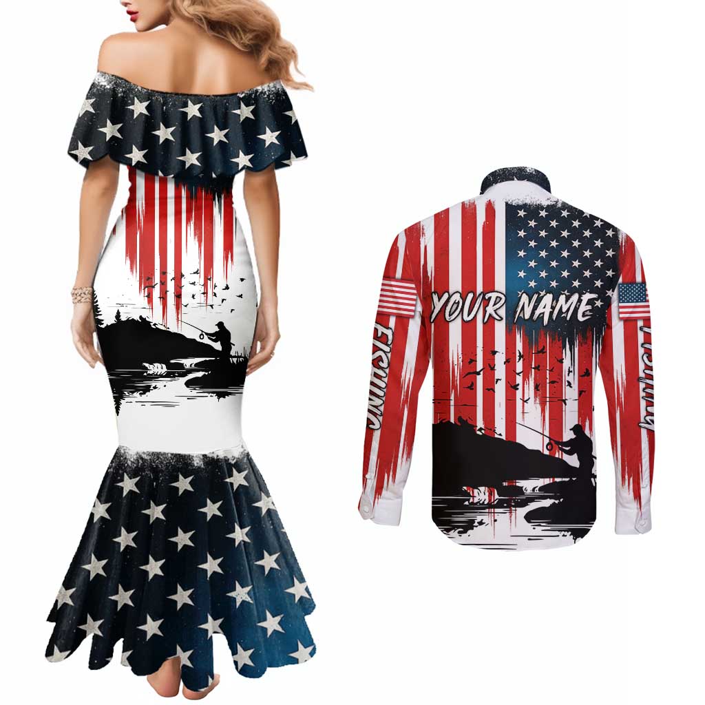 Custom Flag American Fishing Couples Matching Mermaid Dress and Long Sleeve Button Shirt Fish Silhouette in Grunge Patriotic - Wonder Print Shop