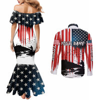 Custom Flag American Fishing Couples Matching Mermaid Dress and Long Sleeve Button Shirt Fish Silhouette in Grunge Patriotic - Wonder Print Shop