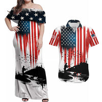 Custom Flag American Fishing Couples Matching Off Shoulder Maxi Dress and Hawaiian Shirt Fish Silhouette in Grunge Patriotic - Wonder Print Shop