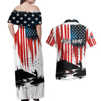 Custom Flag American Fishing Couples Matching Off Shoulder Maxi Dress and Hawaiian Shirt Fish Silhouette in Grunge Patriotic - Wonder Print Shop