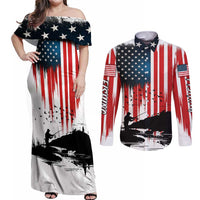 Custom Flag American Fishing Couples Matching Off Shoulder Maxi Dress and Long Sleeve Button Shirt Fish Silhouette in Grunge Patriotic - Wonder Print Shop