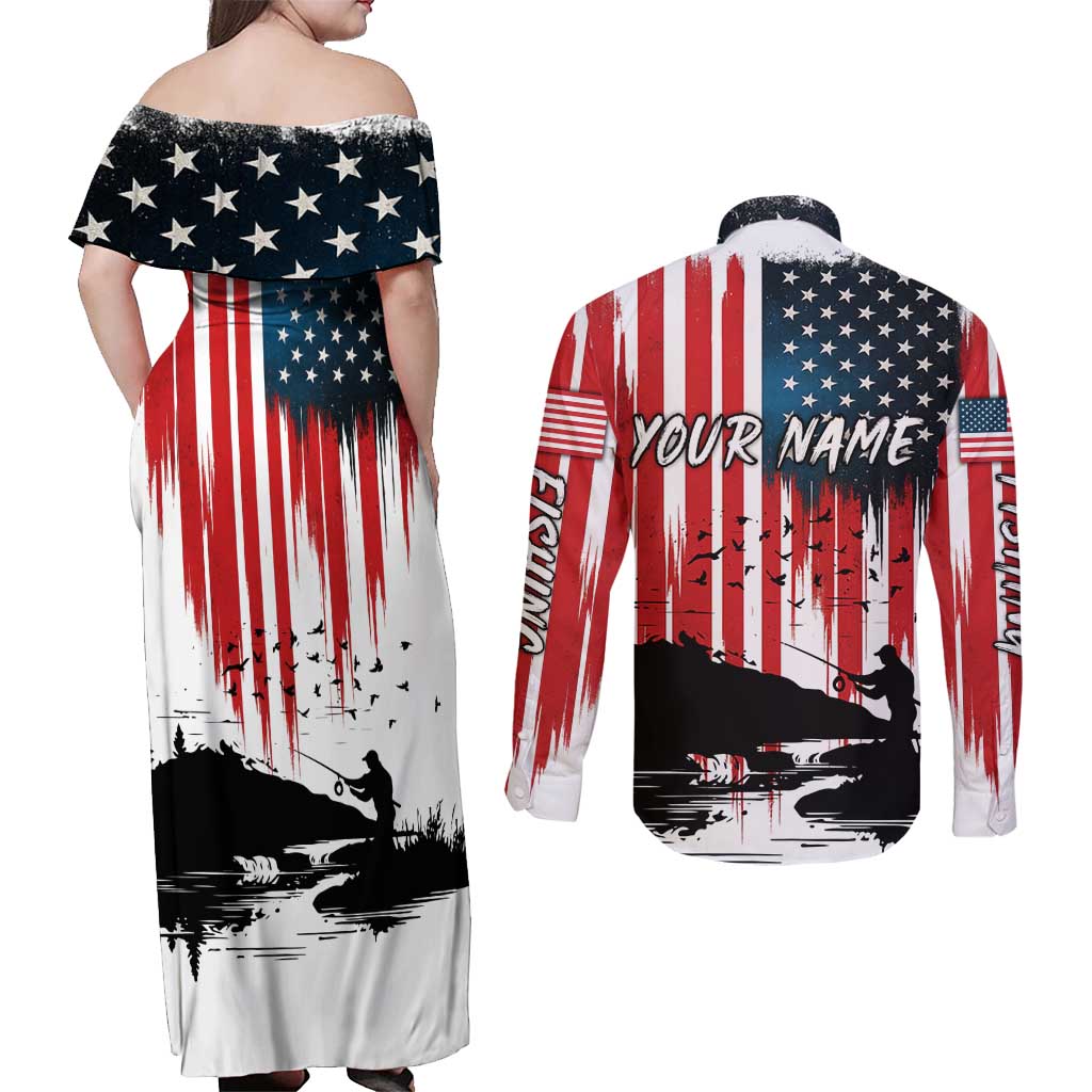 Custom Flag American Fishing Couples Matching Off Shoulder Maxi Dress and Long Sleeve Button Shirt Fish Silhouette in Grunge Patriotic - Wonder Print Shop