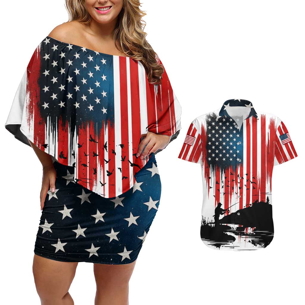 Custom Flag American Fishing Couples Matching Off Shoulder Short Dress and Hawaiian Shirt Fish Silhouette in Grunge Patriotic - Wonder Print Shop