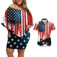 Custom Flag American Fishing Couples Matching Off Shoulder Short Dress and Hawaiian Shirt Fish Silhouette in Grunge Patriotic - Wonder Print Shop