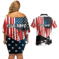 Custom Flag American Fishing Couples Matching Off Shoulder Short Dress and Hawaiian Shirt Fish Silhouette in Grunge Patriotic - Wonder Print Shop