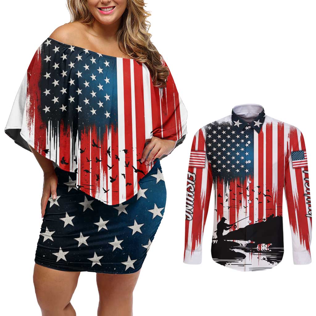 Custom Flag American Fishing Couples Matching Off Shoulder Short Dress and Long Sleeve Button Shirt Fish Silhouette in Grunge Patriotic - Wonder Print Shop