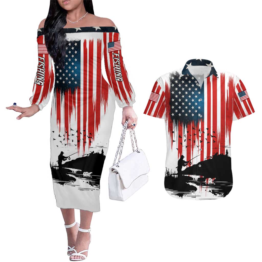 Custom Flag American Fishing Couples Matching Off The Shoulder Long Sleeve Dress and Hawaiian Shirt Fish Silhouette in Grunge Patriotic - Wonder Print Shop
