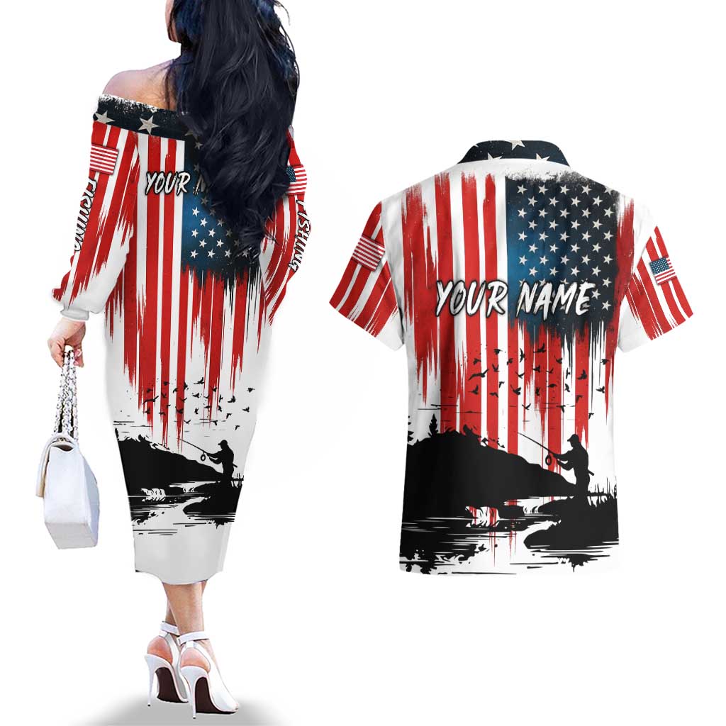 Custom Flag American Fishing Couples Matching Off The Shoulder Long Sleeve Dress and Hawaiian Shirt Fish Silhouette in Grunge Patriotic - Wonder Print Shop