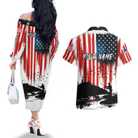Custom Flag American Fishing Couples Matching Off The Shoulder Long Sleeve Dress and Hawaiian Shirt Fish Silhouette in Grunge Patriotic - Wonder Print Shop
