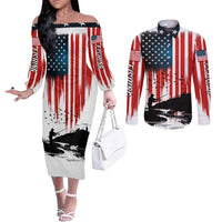 Custom Flag American Fishing Couples Matching Off The Shoulder Long Sleeve Dress and Long Sleeve Button Shirt Fish Silhouette in Grunge Patriotic - Wonder Print Shop
