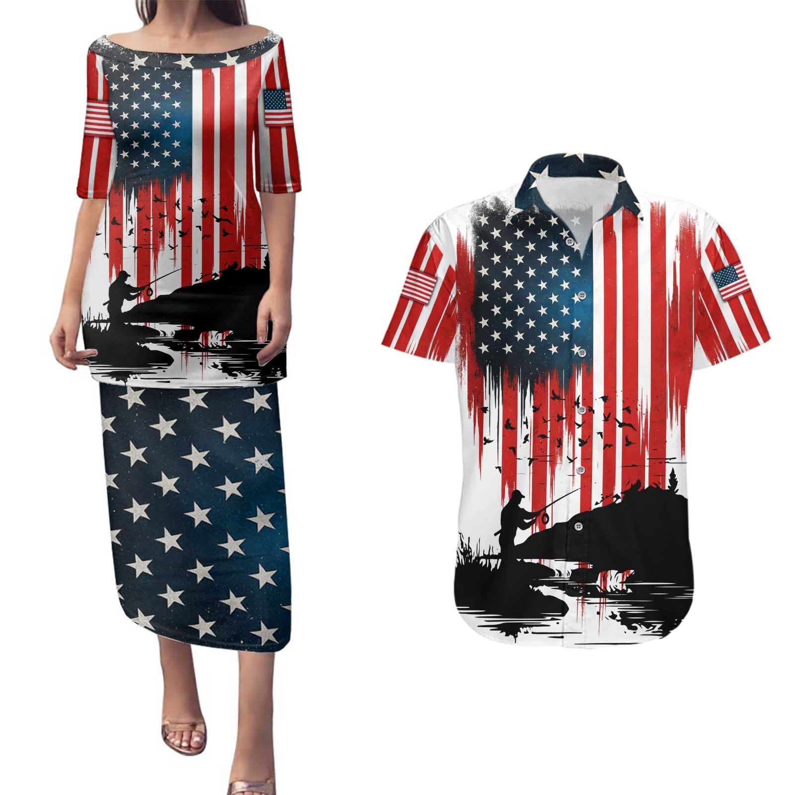 Custom Flag American Fishing Couples Matching Puletasi and Hawaiian Shirt Fish Silhouette in Grunge Patriotic - Wonder Print Shop