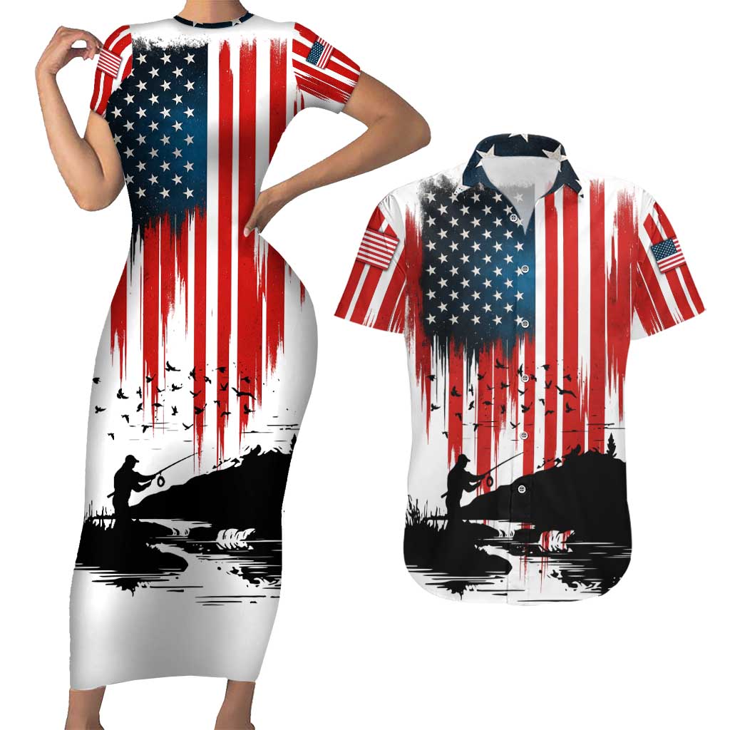 Custom Flag American Fishing Couples Matching Short Sleeve Bodycon Dress and Hawaiian Shirt Fish Silhouette in Grunge Patriotic - Wonder Print Shop