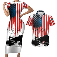 Custom Flag American Fishing Couples Matching Short Sleeve Bodycon Dress and Hawaiian Shirt Fish Silhouette in Grunge Patriotic - Wonder Print Shop