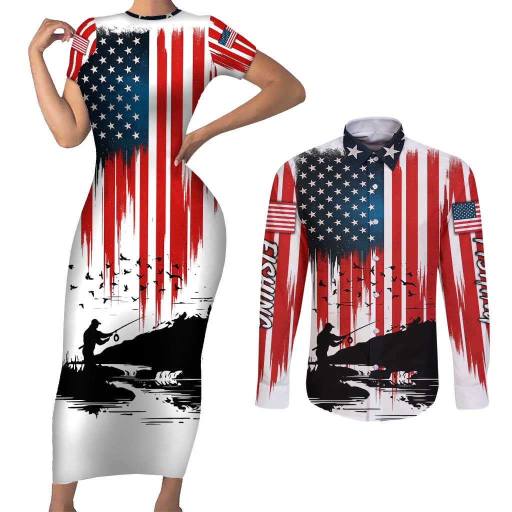 Custom Flag American Fishing Couples Matching Short Sleeve Bodycon Dress and Long Sleeve Button Shirt Fish Silhouette in Grunge Patriotic - Wonder Print Shop