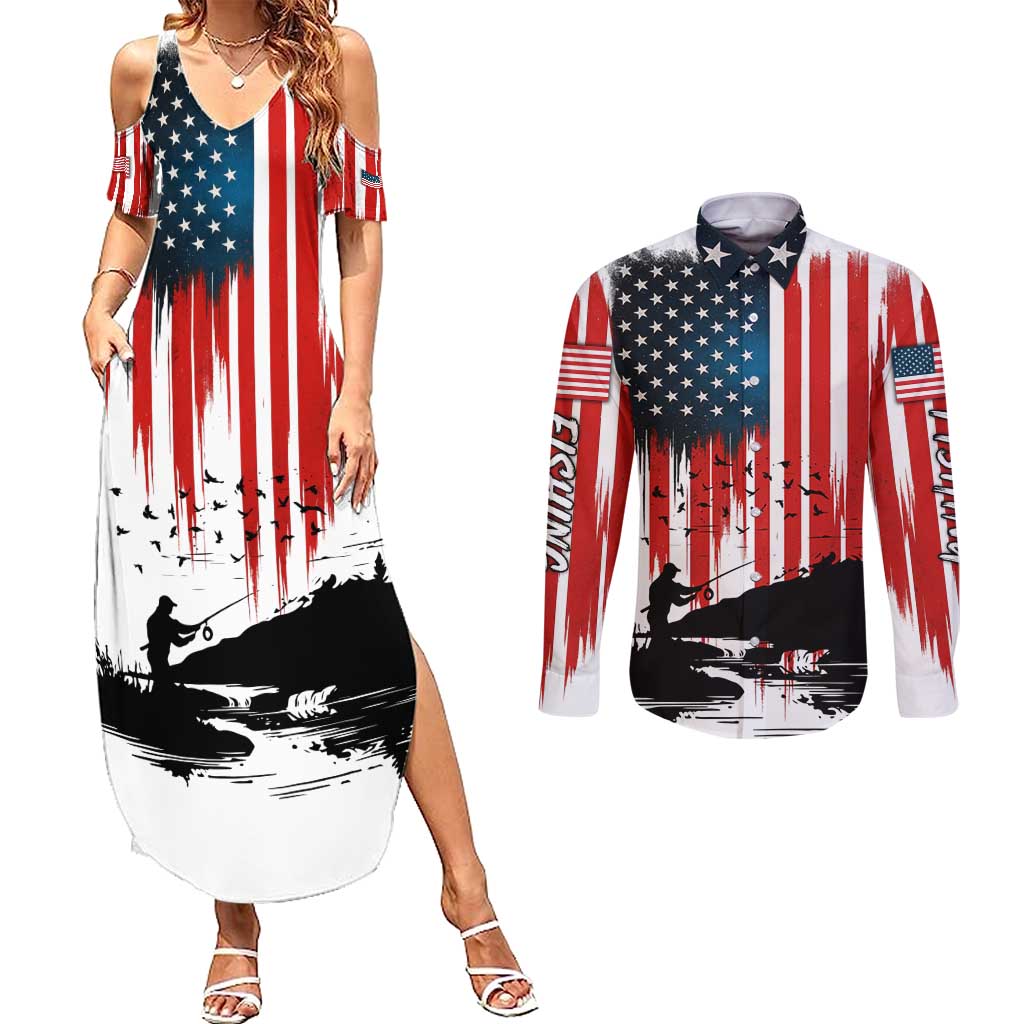 Custom Flag American Fishing Couples Matching Summer Maxi Dress and Long Sleeve Button Shirt Fish Silhouette in Grunge Patriotic - Wonder Print Shop