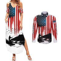 Custom Flag American Fishing Couples Matching Summer Maxi Dress and Long Sleeve Button Shirt Fish Silhouette in Grunge Patriotic - Wonder Print Shop