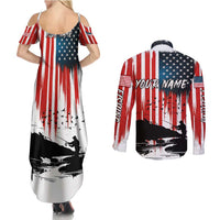 Custom Flag American Fishing Couples Matching Summer Maxi Dress and Long Sleeve Button Shirt Fish Silhouette in Grunge Patriotic - Wonder Print Shop