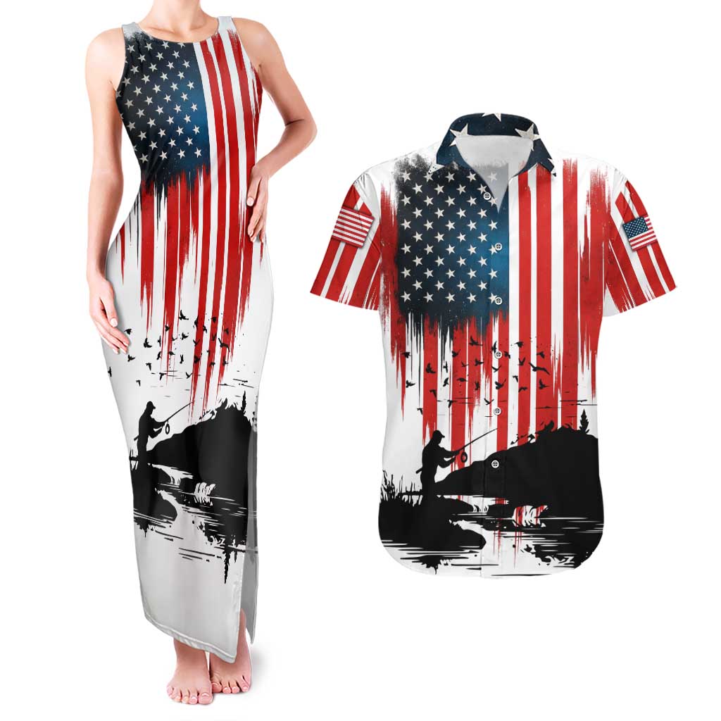 Custom Flag American Fishing Couples Matching Tank Maxi Dress and Hawaiian Shirt Fish Silhouette in Grunge Patriotic - Wonder Print Shop