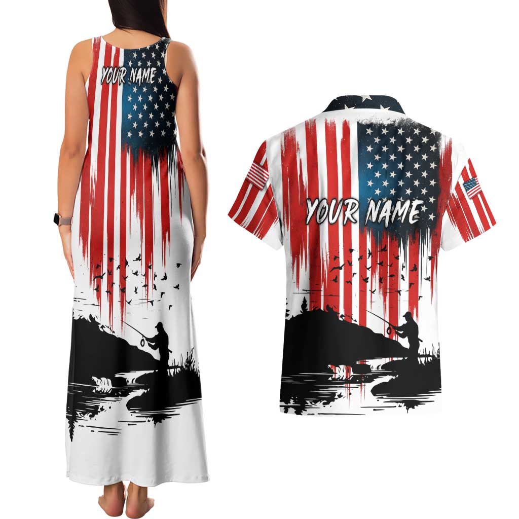 Custom Flag American Fishing Couples Matching Tank Maxi Dress and Hawaiian Shirt Fish Silhouette in Grunge Patriotic - Wonder Print Shop