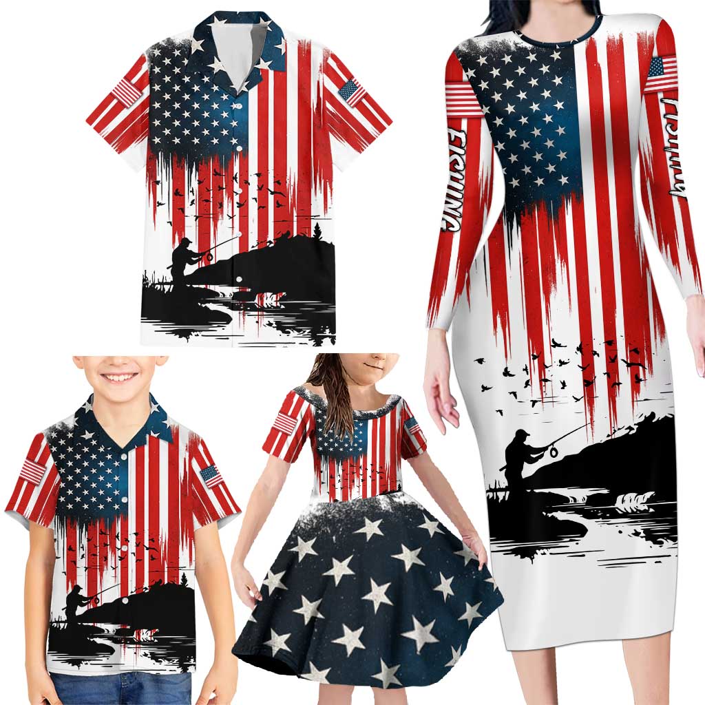 Custom Flag American Fishing Family Matching Long Sleeve Bodycon Dress and Hawaiian Shirt Fish Silhouette in Grunge Patriotic - Wonder Print Shop