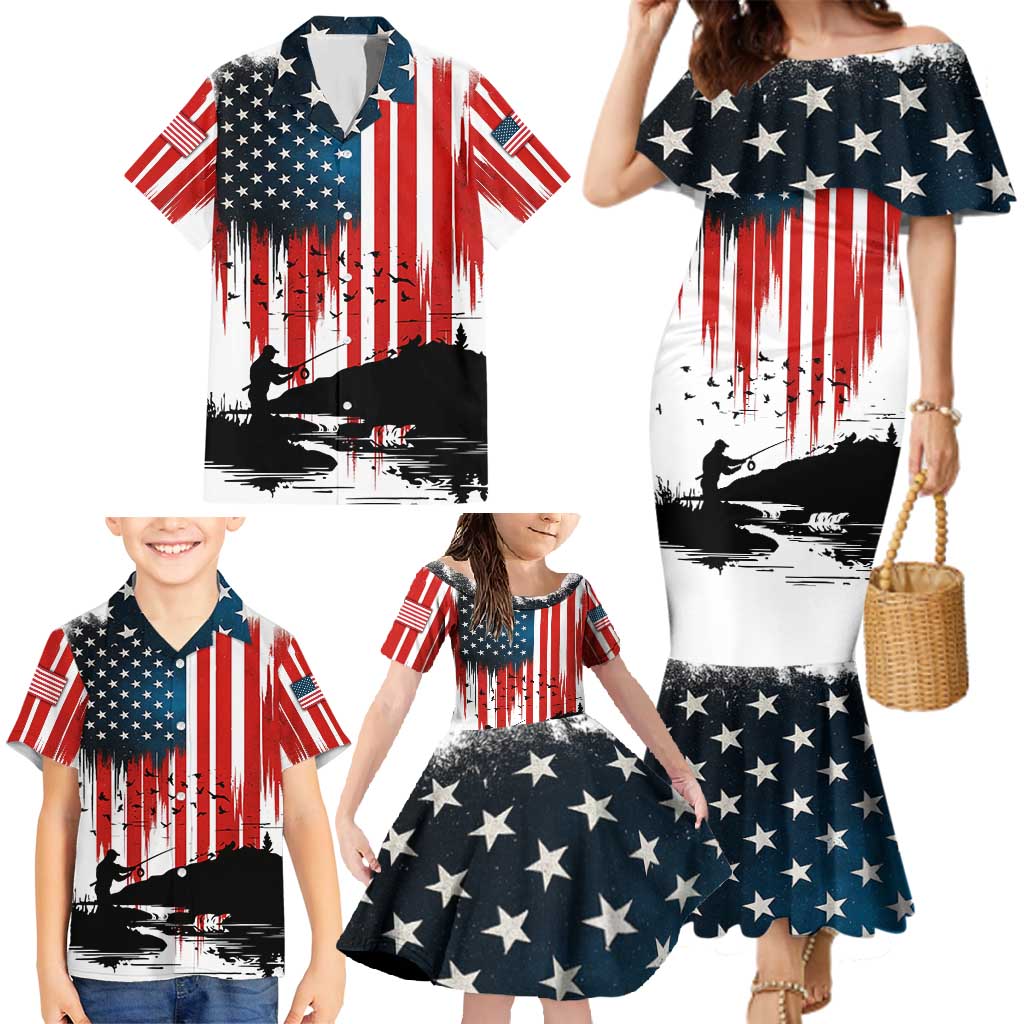 Custom Flag American Fishing Family Matching Mermaid Dress and Hawaiian Shirt Fish Silhouette in Grunge Patriotic - Wonder Print Shop