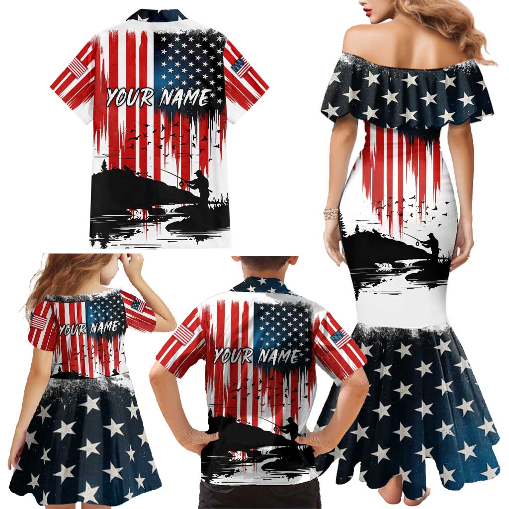 Custom Flag American Fishing Family Matching Mermaid Dress and Hawaiian Shirt Fish Silhouette in Grunge Patriotic - Wonder Print Shop
