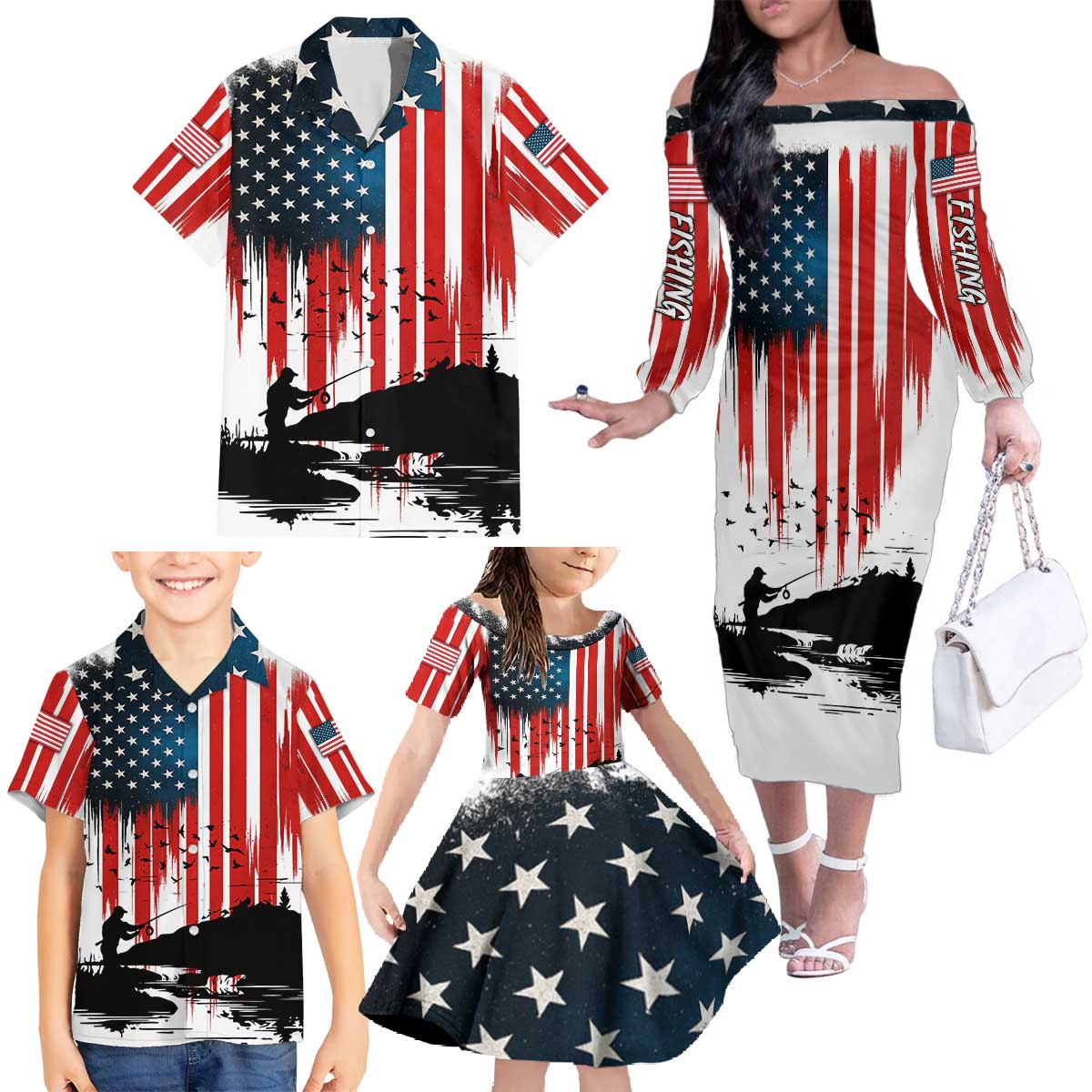 Custom Flag American Fishing Family Matching Off The Shoulder Long Sleeve Dress and Hawaiian Shirt Fish Silhouette in Grunge Patriotic - Wonder Print Shop