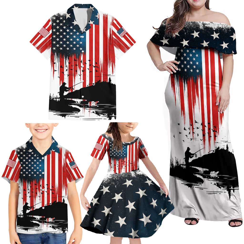 Custom Flag American Fishing Family Matching Off Shoulder Maxi Dress and Hawaiian Shirt Fish Silhouette in Grunge Patriotic - Wonder Print Shop
