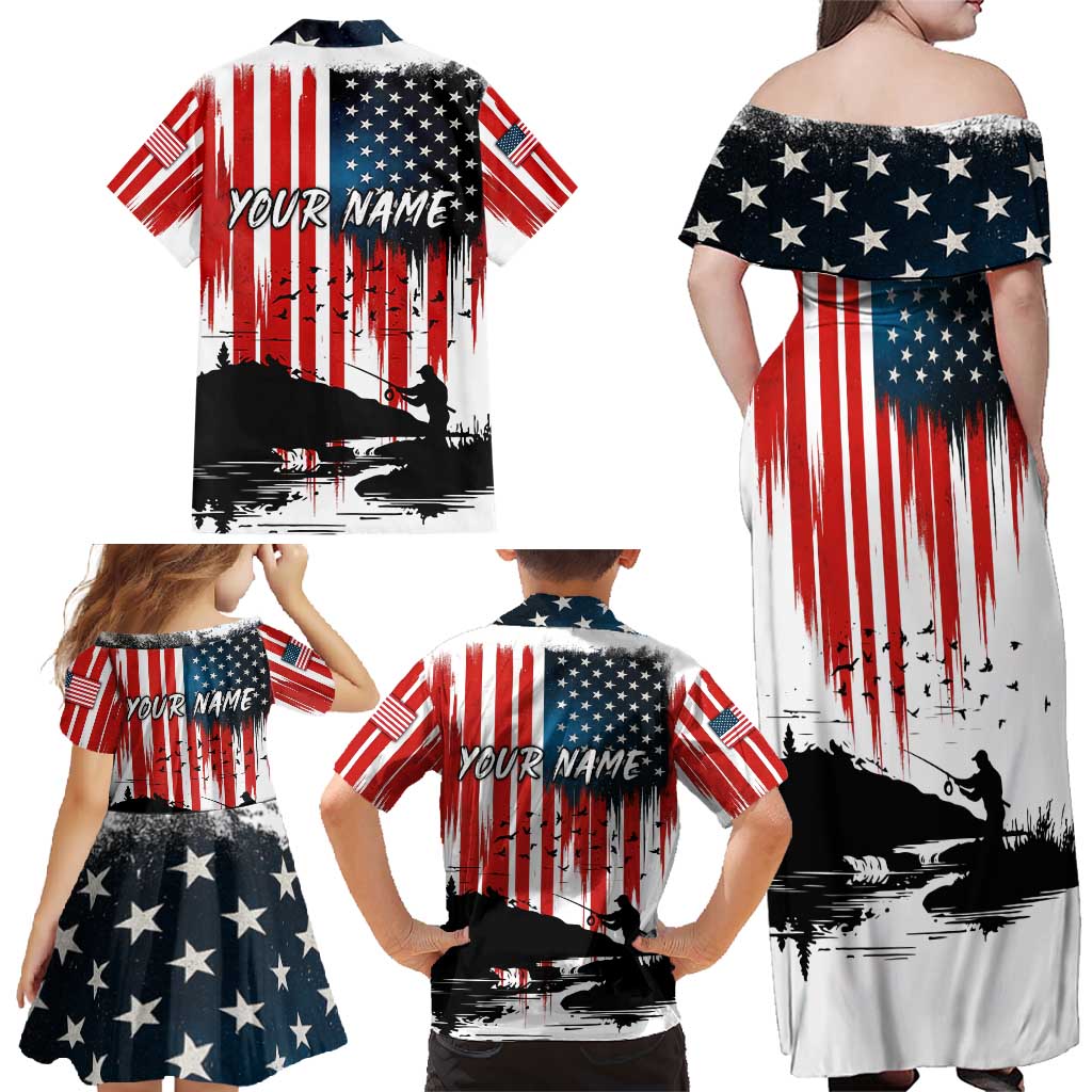 Custom Flag American Fishing Family Matching Off Shoulder Maxi Dress and Hawaiian Shirt Fish Silhouette in Grunge Patriotic - Wonder Print Shop