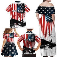 Custom Flag American Fishing Family Matching Off Shoulder Maxi Dress and Hawaiian Shirt Fish Silhouette in Grunge Patriotic - Wonder Print Shop