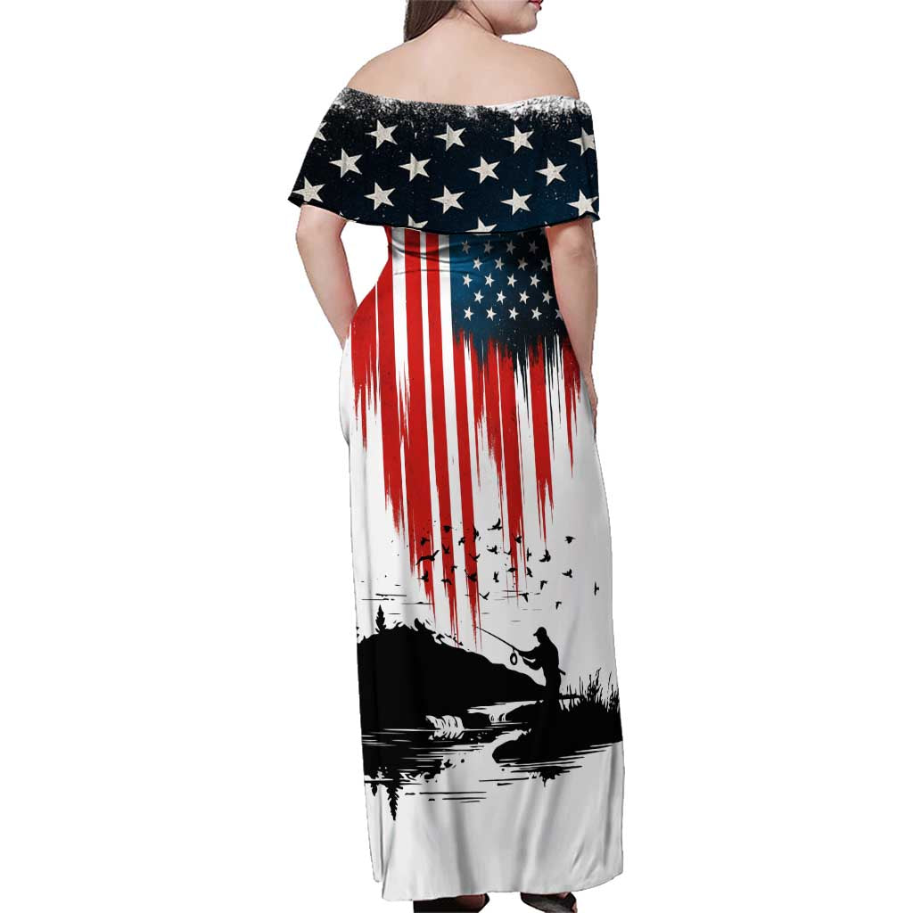 Custom Flag American Fishing Family Matching Off Shoulder Maxi Dress and Hawaiian Shirt Fish Silhouette in Grunge Patriotic - Wonder Print Shop
